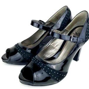 Sofft Raine Black Patent and Suede Peep Toe MaryJane w/buckle strap